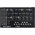 Black Moog Mavis monophonic analog synthesizer with knobs, patch jacks, buttons, and logo on the front panel.