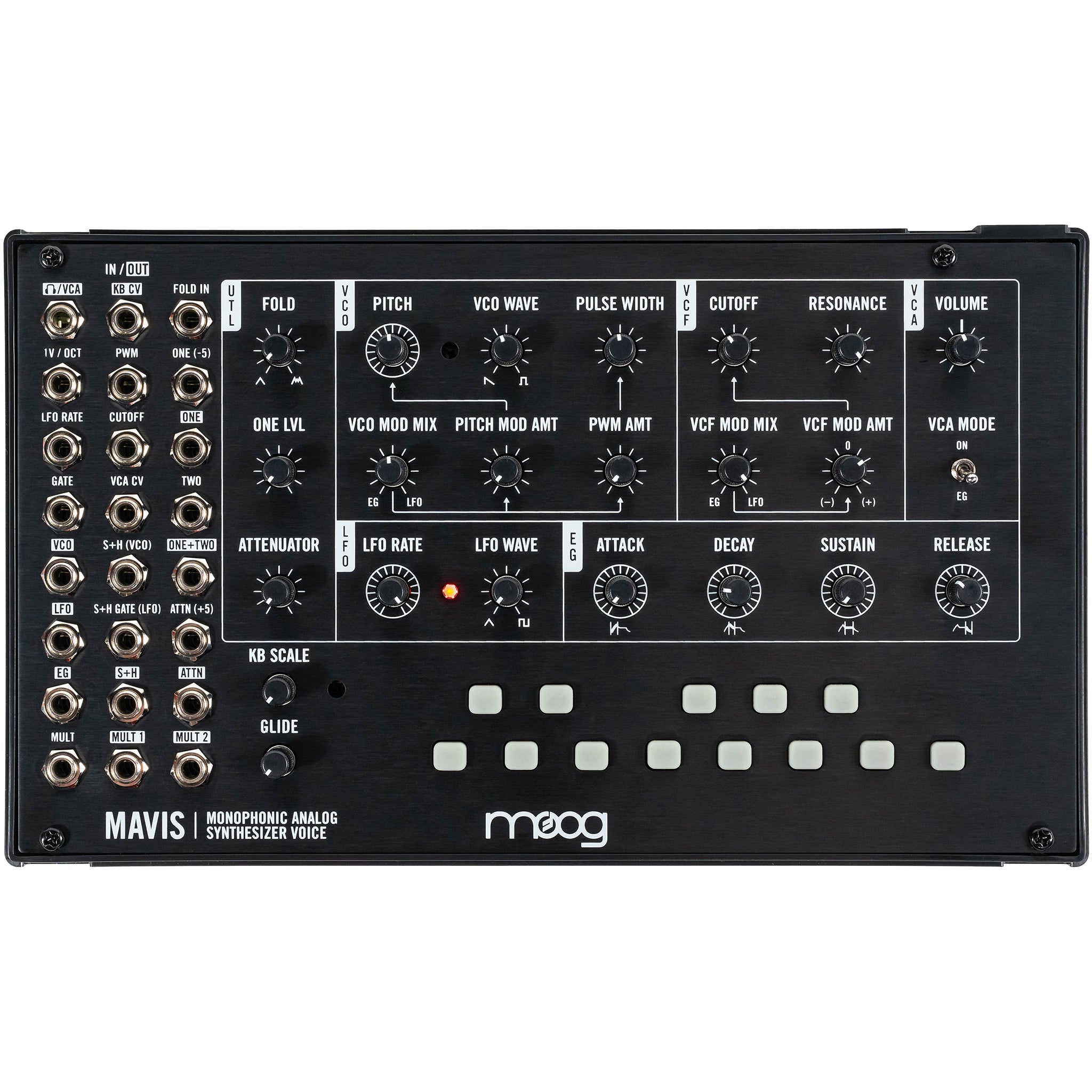 Black Moog Mavis monophonic analog synthesizer with knobs, patch jacks, buttons, and logo on the front panel.