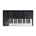 Black synthesizer keyboard with multiple knobs, buttons, sliders, and pitch/modulation wheels on top with 32 keys.