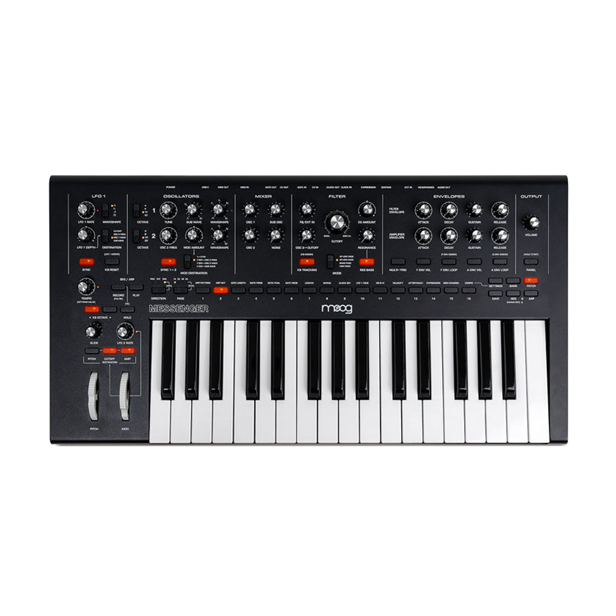 Black synthesizer keyboard with multiple knobs, buttons, sliders, and pitch/modulation wheels on top with 32 keys.