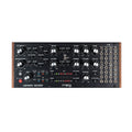Black analog synthesizer panel with knobs, patch jacks, LED indicators, and wooden side panels.