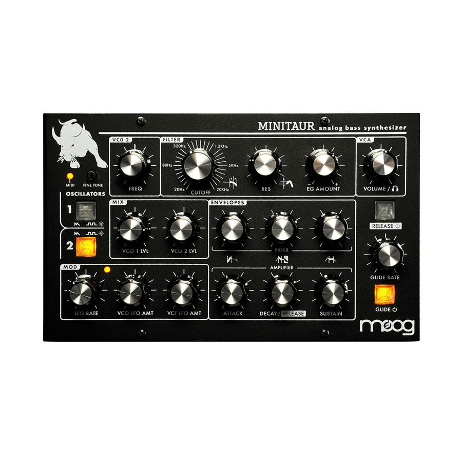 Front panel of a Moog Minitaur analog bass synthesizer with knobs and buttons for sound control.
