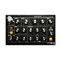 Front panel of a Moog Minitaur analog bass synthesizer with knobs and buttons for sound control.