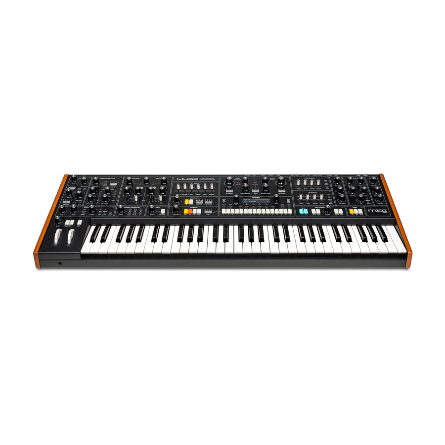 Black synthesizer keyboard with wooden sides and multiple control knobs, sliders, and buttons on top panel.