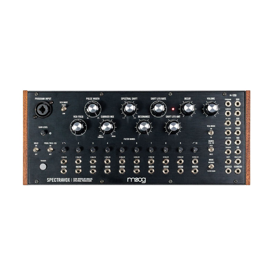Front view of a black Moog Spectravox semi-modular analog spectral processor with knobs, switches, and jacks