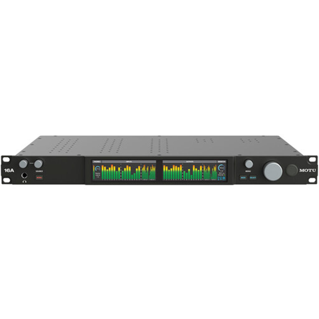 Front view of a black MOTU 16A audio interface with color level meters and various control knobs and buttons.