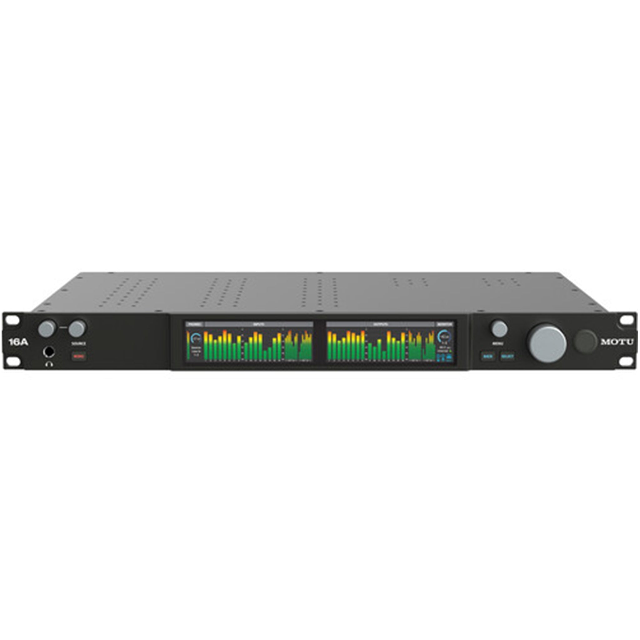 Front view of a black MOTU 16A audio interface with color level meters and various control knobs and buttons.