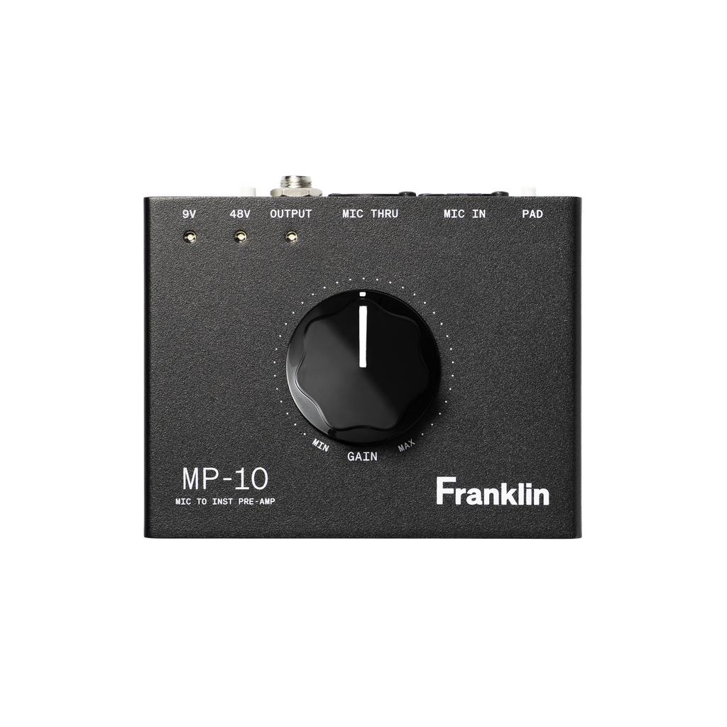 Black Franklin MP-10 microphone preamp with one large central gain knob and labeled connectors on top side.