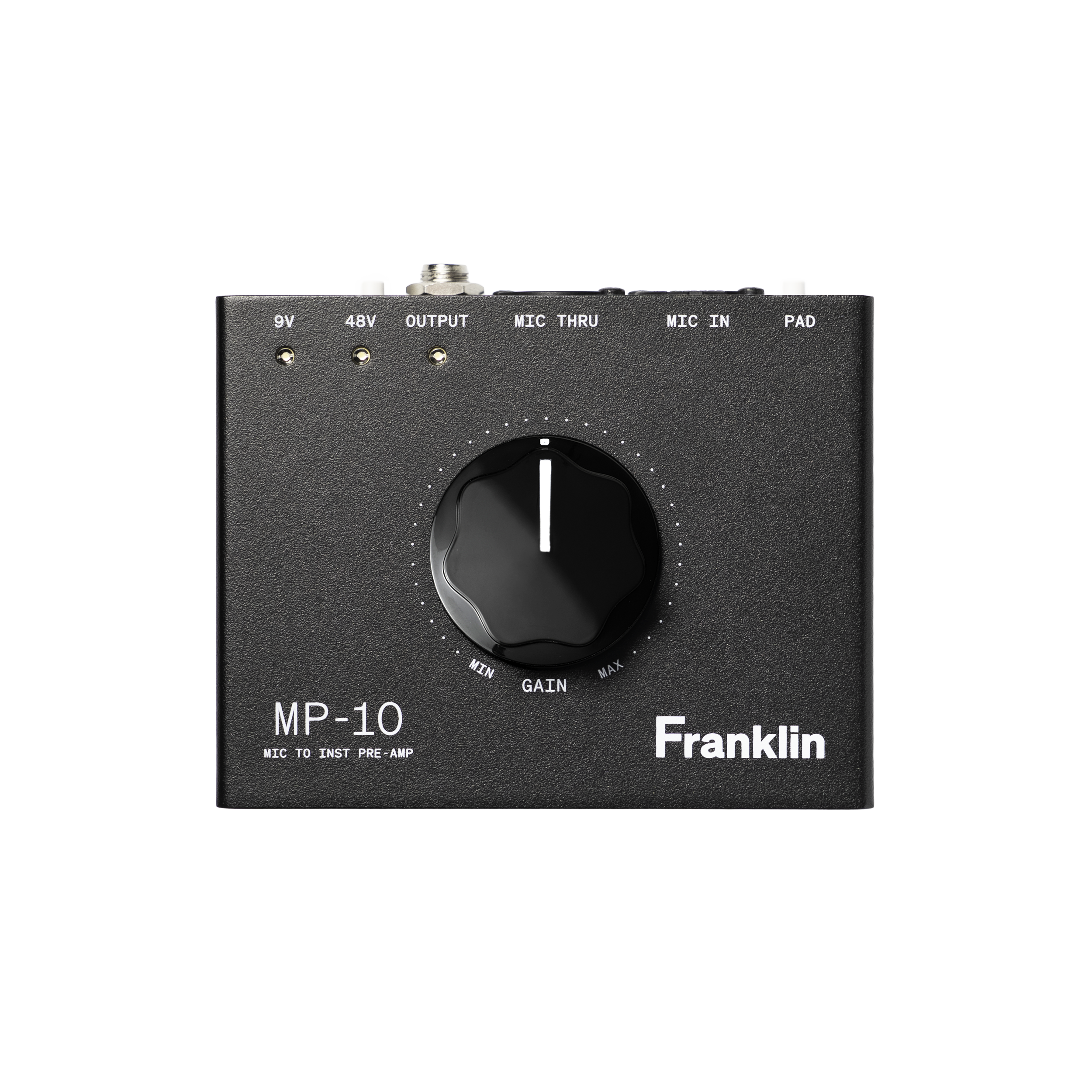 Black Franklin MP-10 microphone preamp with one large central gain knob and labeled connectors on top side.