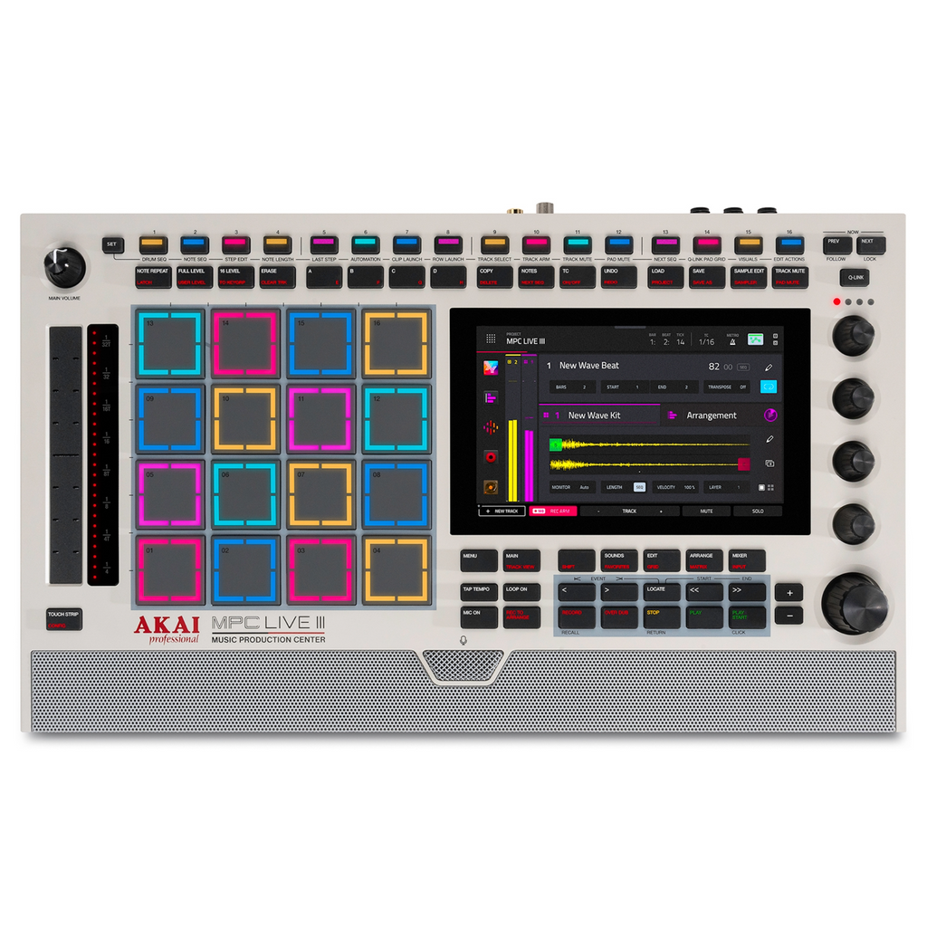 Top view of white music production center with colorful pads, knobs, touchscreen display, and various control buttons.