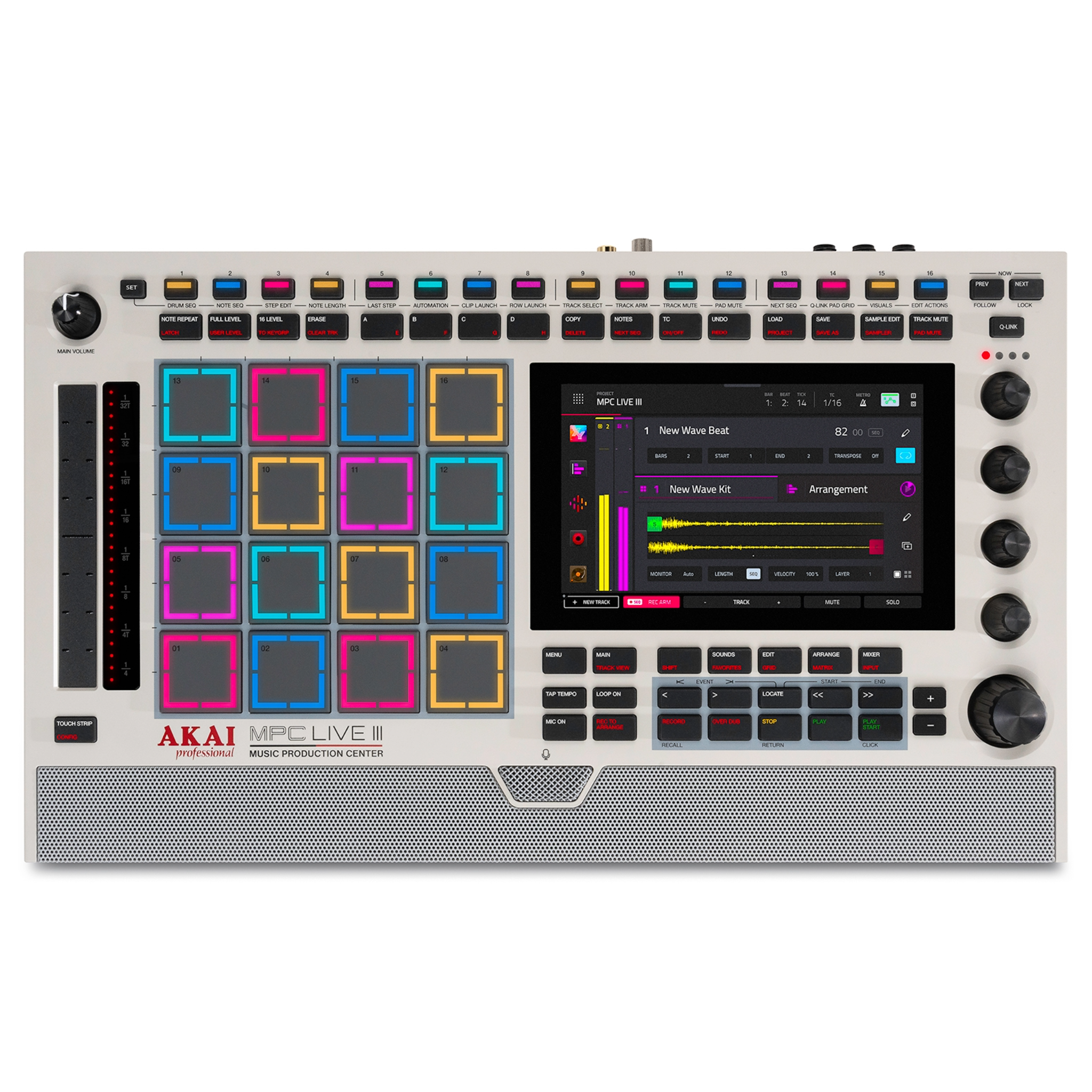 Top view of white music production center with colorful pads, knobs, touchscreen display, and various control buttons.