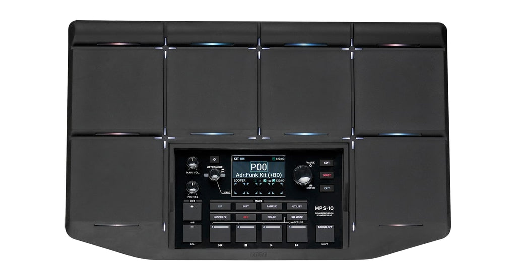 Black electronic drum controller with 10 square pads, screen, knobs, and buttons.