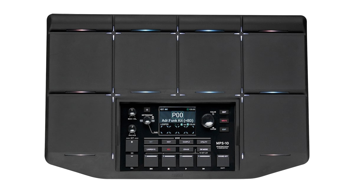 Black electronic drum controller with 10 square pads, screen, knobs, and buttons.