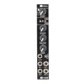Front view of a black modular audio compressor module with knobs, switches, and 3.5mm jacks.