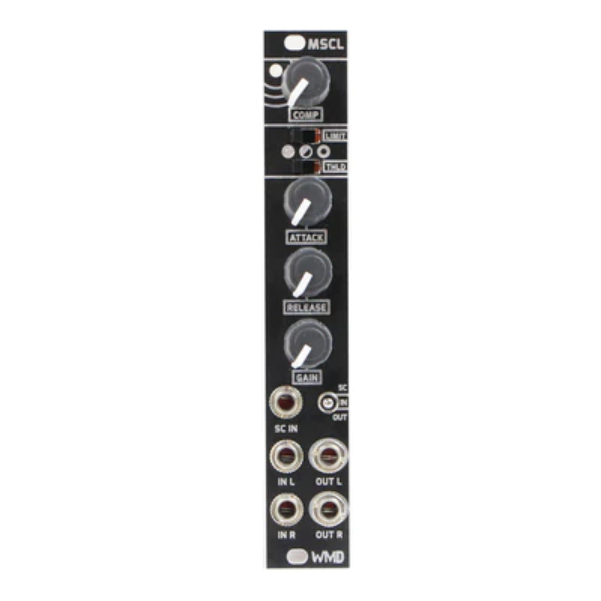 Front view of a black modular audio compressor module with knobs, switches, and 3.5mm jacks.