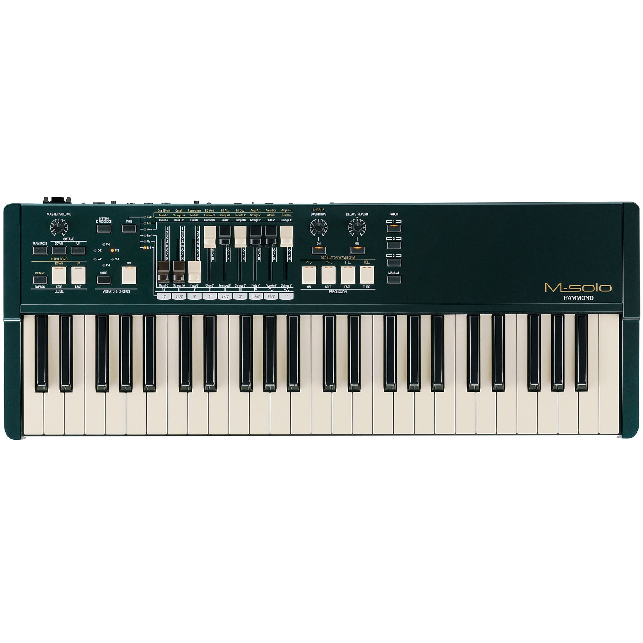 Top view of a British Racing Green Hammond M-Solo 49 key portable keyboard with sliders, knobs, and buttons.