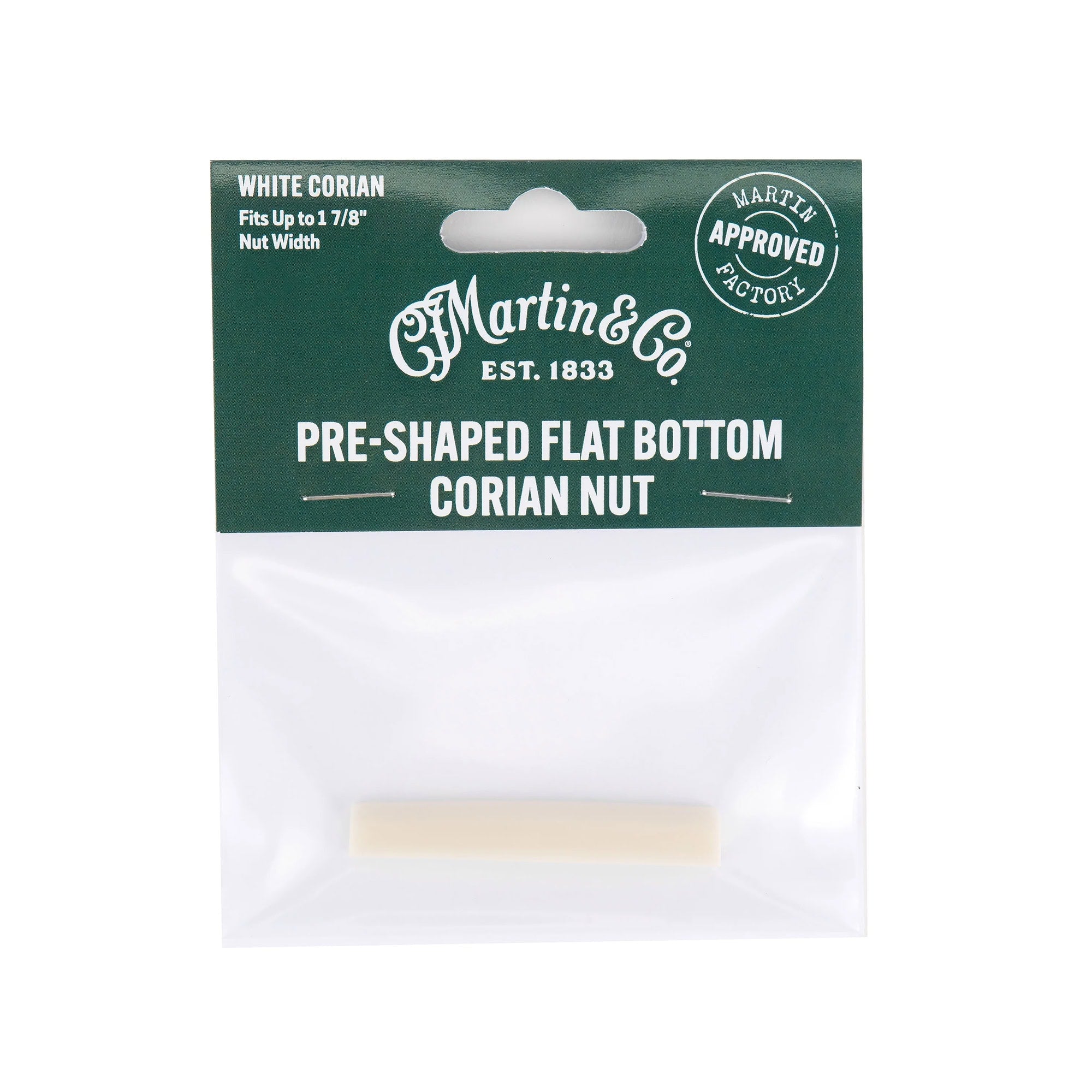 White corian nut inside green and white Martin & Co. packaging labeled pre-shaped flat bottom.