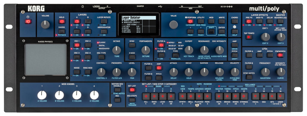 Front panel of a Korg multi/poly analog modeling synthesizer module with multiple knobs, buttons, and a display screen.