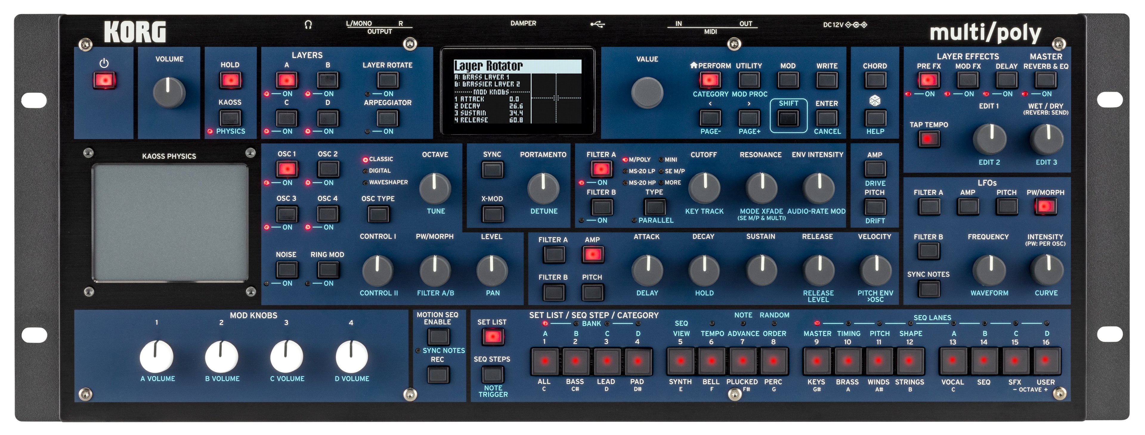 Front panel of a Korg multi/poly analog modeling synthesizer module with multiple knobs, buttons, and a display screen.