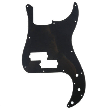 Black pickguard with multiple holes arranged in a pattern for a bass guitar.