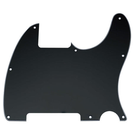 Black plastic pickguard with 8 holes designed for a guitar body.