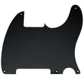 Black plastic pickguard with five mounting holes and cutouts for controls or pickups.