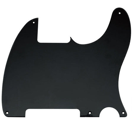 Black plastic pickguard with five mounting holes and cutouts for controls or pickups.