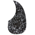Black pearloid teardrop-shaped pickguard with a textured pattern on a white background.