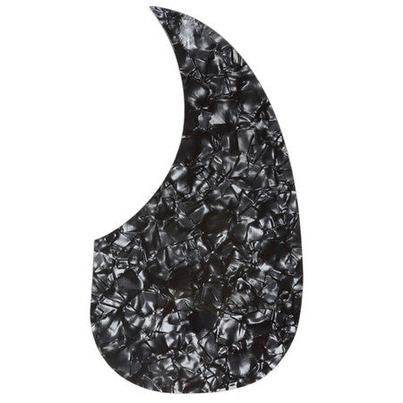 Black pearloid teardrop-shaped pickguard with a textured pattern on a white background.