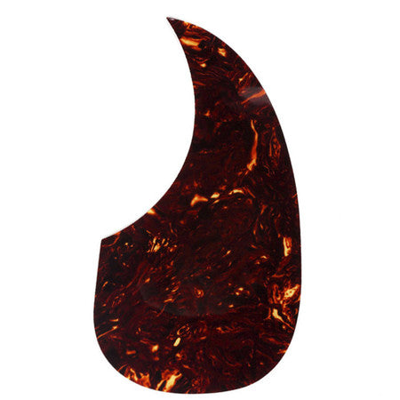 Thin tortoise shell pattern acoustic guitar teardrop-shaped pickguard on white background.