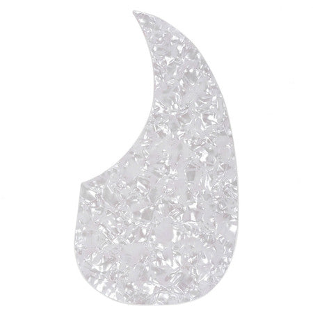 White pearloid teardrop-shaped pickguard with self-adhesive backing visible on a white background.
