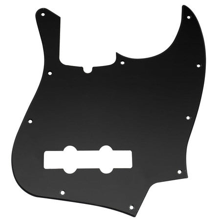 Black plastic guitar pickguard with 10 screw holes and two rectangular cutouts.