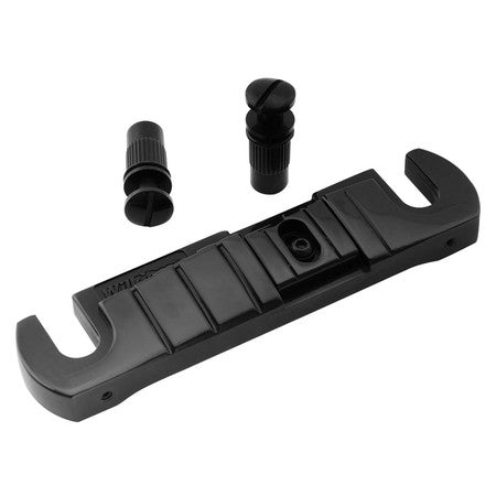 Black wraparound bridge with two black thumb screws on a white background.