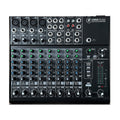 Black Mackie 1202VLZ4 12 channel audio mixer with multiple input connectors and control knobs.