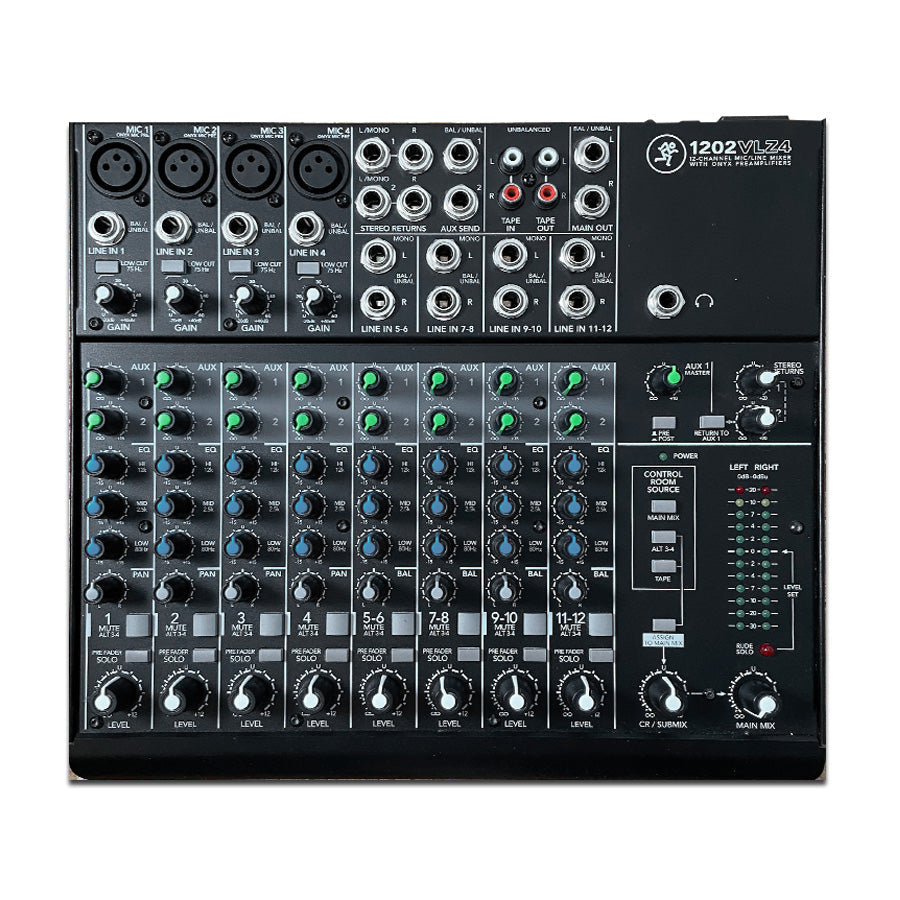 Black Mackie 1202VLZ4 12 channel audio mixer with multiple input connectors and control knobs.