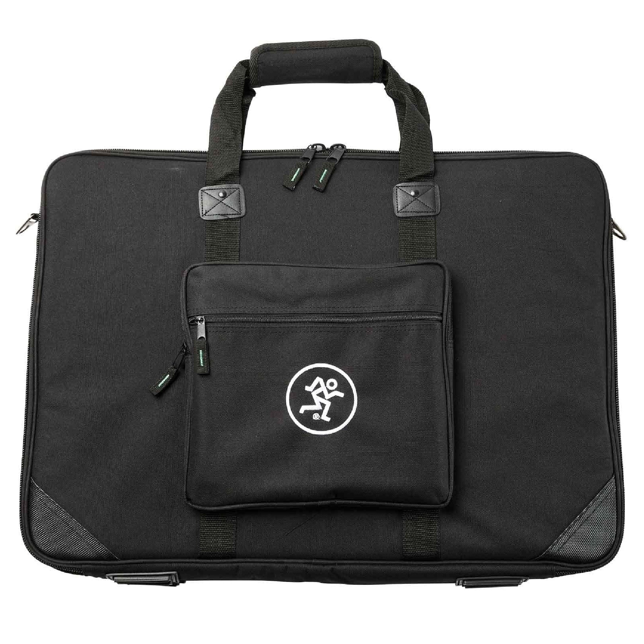 Black rectangular carry bag with handles and front zippered pocket featuring a white logo of a running figure in a circle.