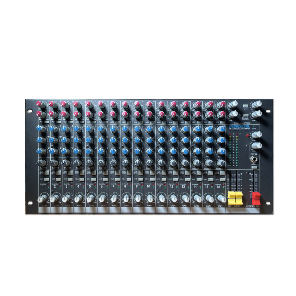 Black audio mixer with multiple red, blue, white, yellow knobs and faders labeled for 16 channels and stereo output.