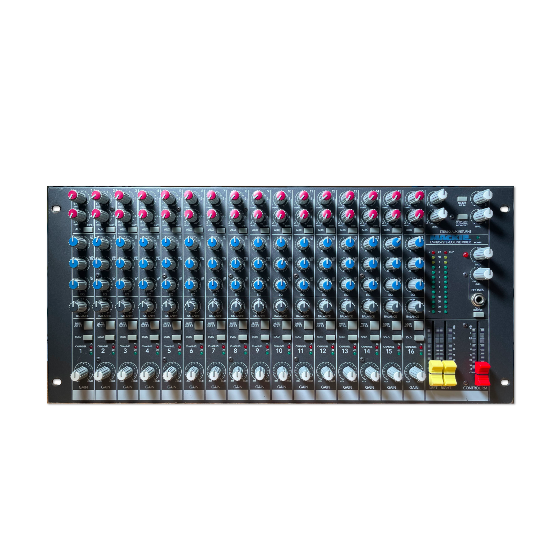 Black audio mixer with multiple red, blue, white, yellow knobs and faders labeled for 16 channels and stereo output.
