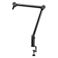 Black adjustable microphone boom arm with clamp mount and green ring accents at hinge joints