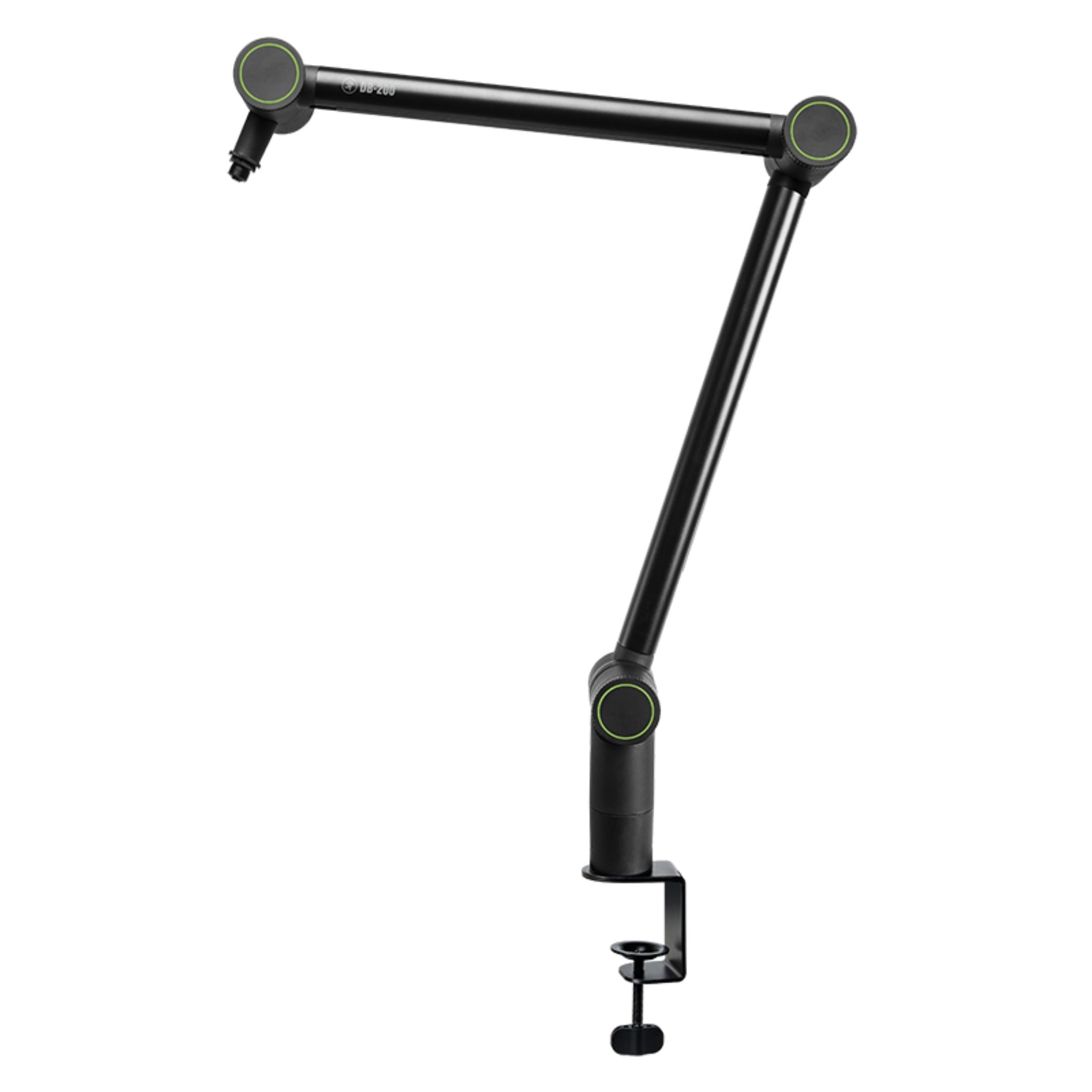Black adjustable microphone boom arm with clamp mount and green ring accents at hinge joints