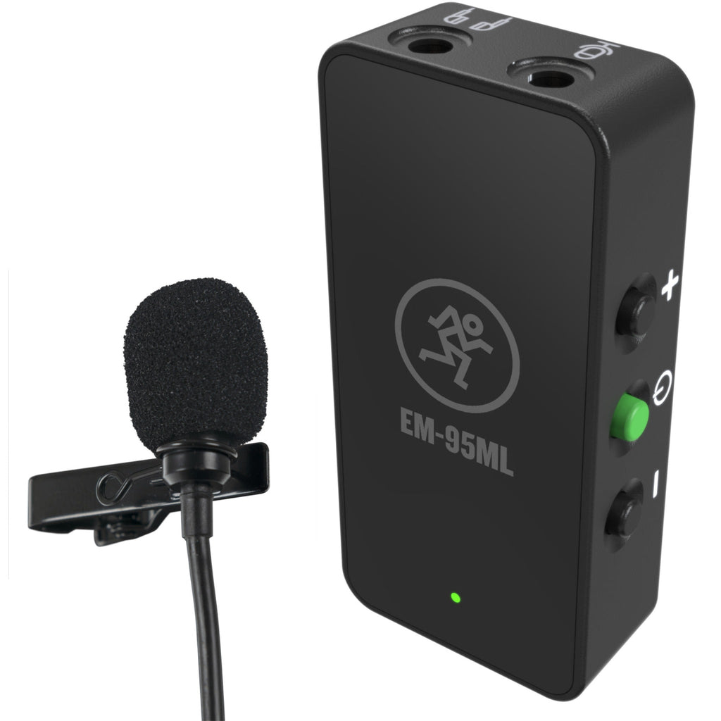 Black lavalier microphone with foam cover and clip next to a black in-line amplifier with buttons and indicator light.