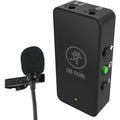 Black lavalier microphone with foam cover and clip next to a black in-line amplifier with buttons and indicator light.