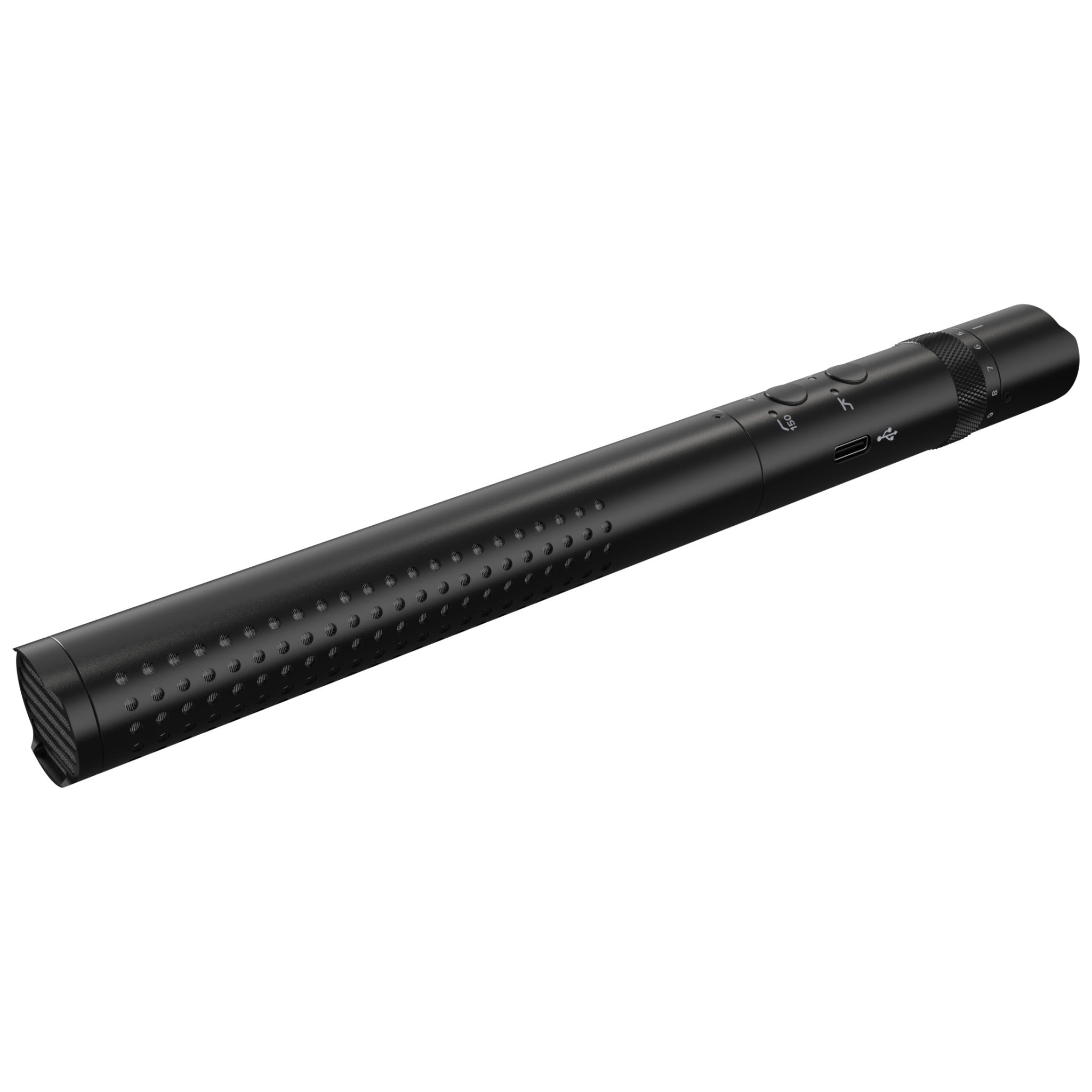 Black cylindrical shotgun microphone with perforations, buttons, rotary dial, and USB-C port.