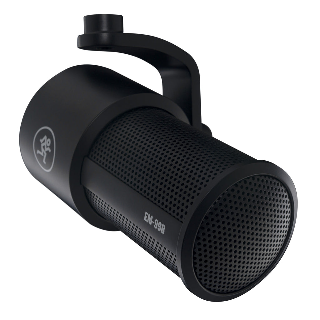 Black cylindrical dynamic microphone with a perforated grille and mounting bracket, labeled EM-99B.