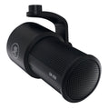 Black cylindrical dynamic microphone with a perforated grille and mounting bracket, labeled EM-99B.