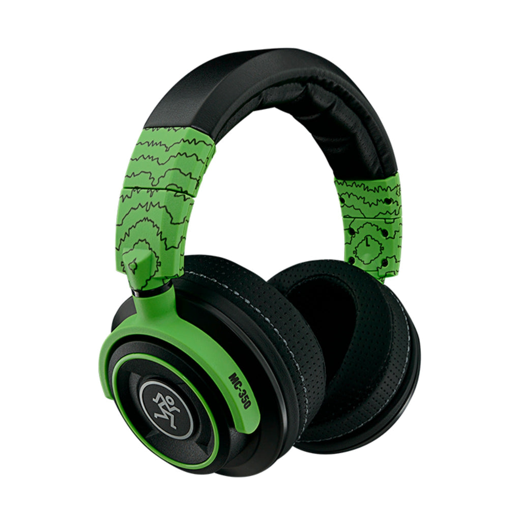 Over-ear closed-back headphones with green patterned headband and black ear cushions.
