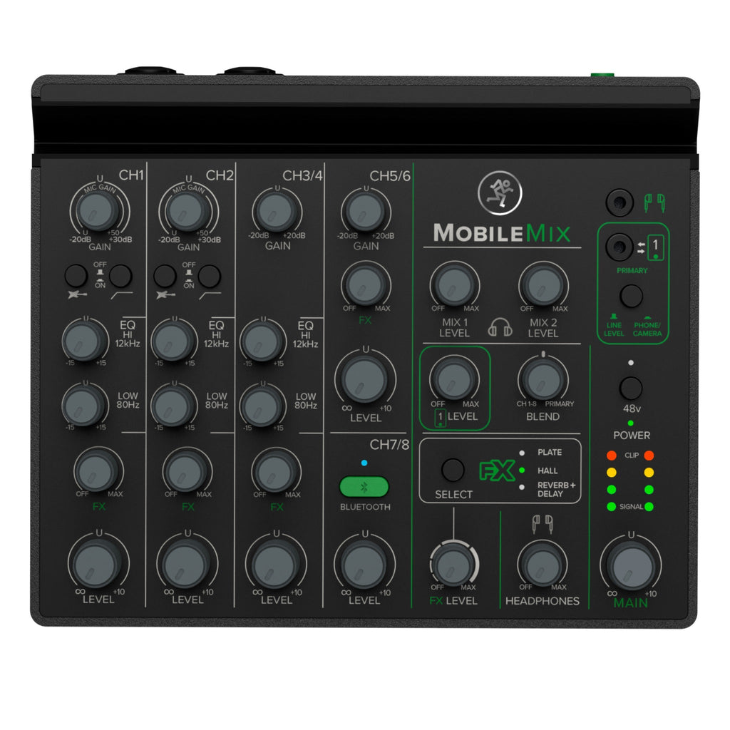 Top view of a black audio mixer with multiple channels, rotary knobs, buttons, and Bluetooth indicator light.