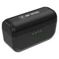 Black rectangular charging case with MP-20TWS label and four green LED indicator lights on front.