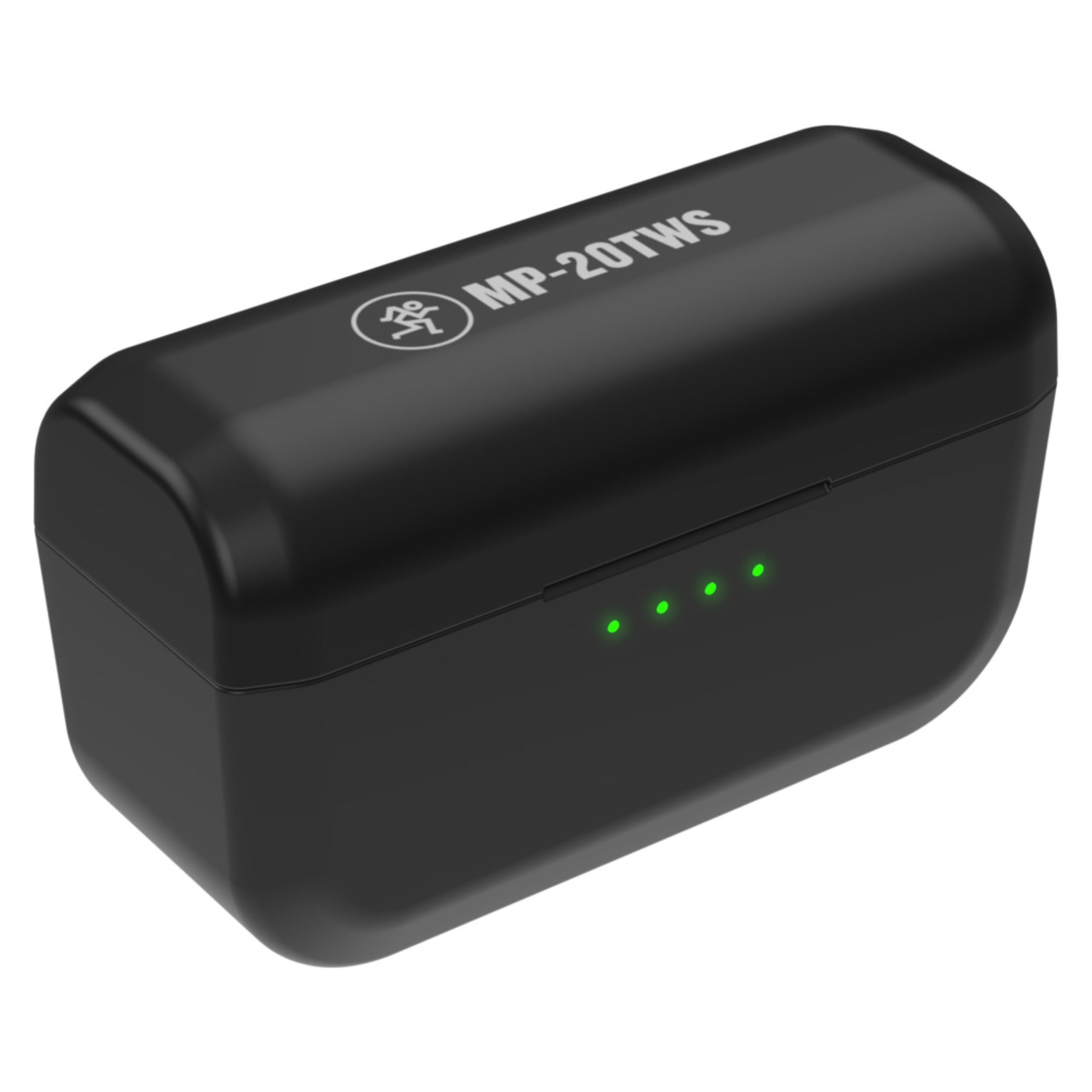 Black rectangular charging case with MP-20TWS label and four green LED indicator lights on front.