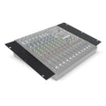 Black metal rackmount brackets attached to sides of a partially transparent audio mixer.